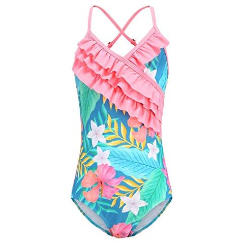 Big Girls One Piece Bathing Suit Hawaiian Ruffle Swimsuits Kids Beach Swimwear for Vacation Floral Size 12 Cover