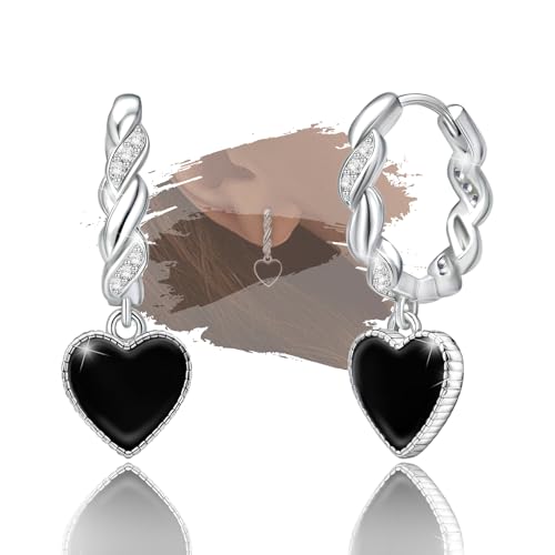 Sterling Silver Black Heart Hoop Earrings for Women - Cubic Zirconia Love Heart-Shaped Loop Dangle Earrings Hypoallergenic Lightweight Fashion Jewelry Gifts for Sensitive Ears for Her Wife Teens
