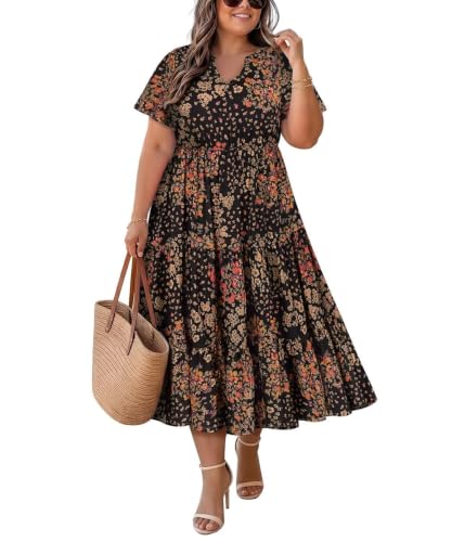 Image of TIYOMI Women Plus Size Dress Boho V Neck Short Sleeve Beach Maxi Dresses Floral /Stripe /Leaves /Lemon XL-5XL