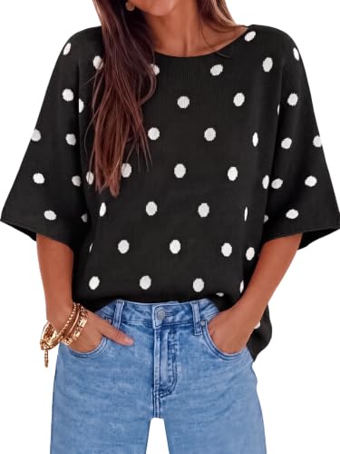 Image of Cicy Bell Womens Oversized Short Sleeve Sweaters Tops Knit Fall Pullovers | Half Sleeve Trendy Casual Loose Fit Sweater, Heart&ploka dot&floral pattern,Knitted Boat Neck Work Top for Teachers