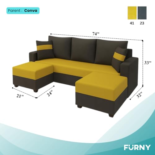 Image of FURNY Opalz Premium 3 Seater Fabric Sofa Set with 2 Ottomans for Living Room-Modern Fabric Sofa for Living Room | with Velvet Fabric |in Yellow & Grey Color | Durable Comfort | Mode
