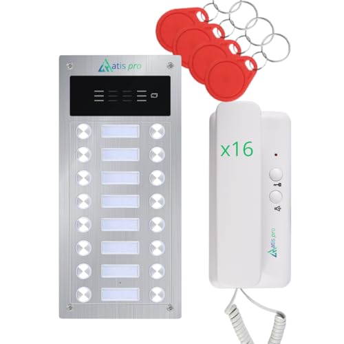 Kit de Portero Automático 2 Hilos Antivandálico con Lector RFID Completo con Telefonillos, Fuente de Alimentación | Muy Fácil de Instalar. empotrar o Superficie (16 viviendas)