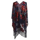 Genovega Floral Burnout Velvet Dress Kimono Cardigan Poncho With Fringe Velvet Shawls Wraps, One...