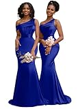 Mermaid One Shoulder Royal Blue Bridesmaid Dresses for Women Satin Long Corset Prom Formal Gown Size 16