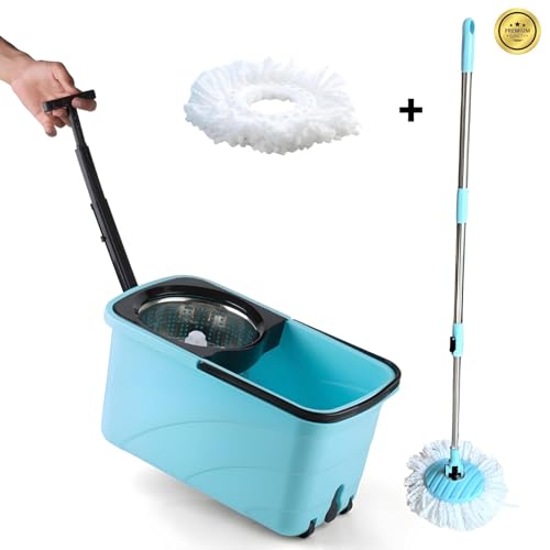 Image of Spin Mop Bucket Set with Stainless Steel Wringer, 360 Rotating Microfiber Mop Head, Adjustable Telescopic Handle, Floor Cleaning System for Home, Kitchen, Bathroom & Office