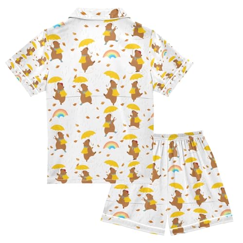 senya Capybara Take An Umbrella Satin Summer Pajama Sets Silk Short Sleeve Button Down Sleepwear2