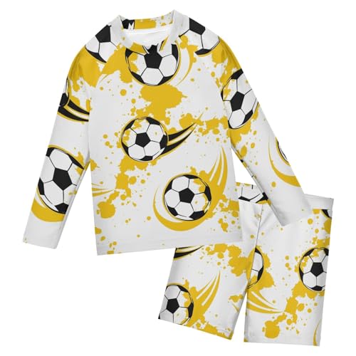Aflyko Kids' Bathing Suit Set Grunge Soccer Football Ball Long Sleeve Swim Tops with Shorts Summer Vacation Pool Party Rashguard Fun Cute Infant Beachwear, 4T Multicoloured