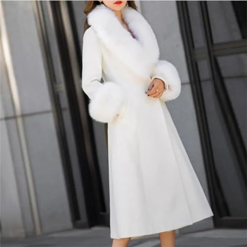 Women's White Woolen Coat, Fur Collar, Warm Long Woolen Coat3