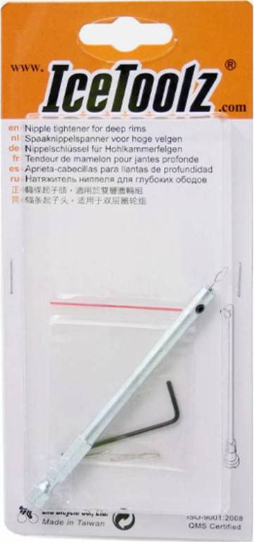 IceToolz Spoke Tightener/Nipple Tools, Silver | Nipple Wrench for Deep Rims | with V-spring | Nipple tightener