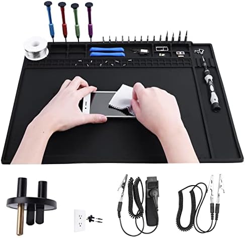 HPFIX Anti Static Mat Includes ESD Wristband and Grounding Wire and Grounding Plug for Electronics Repair, Premium Heat Resistant ESD Safe Soldering Mat (17.7" x 13.6")
