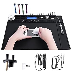 Anti Static Mat Includes ESD Wristband and Grounding Wire and Grounding Plug for Electronics Repair, Premium Heat Resistant ESD Safe Soldering Mat (17.7″ x 13.6″)