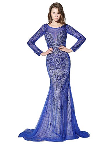 Sarahbridal Women's Lace Mermaid Prom Dresses Beaded Long Sleeve Evening Foraml Gowns Royal Blue US8