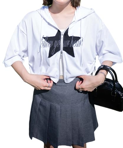 [ウィゴー] スター ロゴ 半袖 ジップパーカー 半袖Tシャツ パーカー 服 夏服 トップス ショート丈 ストリート 韓国 ギフト プレゼント 春 夏 秋 レディース F ホワイト