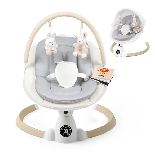 Image of Baby Swing for Infants, Portable Electric Baby Swings with Bluetooth, 5 Swing Speed, 10 Lullabies, 5-Point Harness, Remote Control & Touch Panel - Infant Swing for Indoor & Outdoor Use, Wood Grain