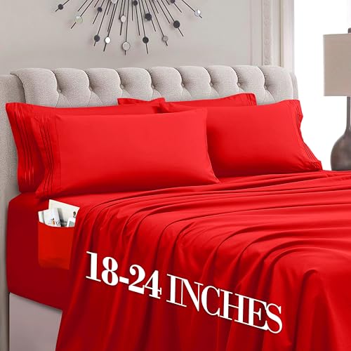 Image of Mocassi Luxury 6-Piece Sheet Set, Ultra Soft 1800 Premium Hotel Quality Microfiber Sheet Set, Fits Mattresses Up to 18 to 24 Inches Extra Deep Pocket - Breathable and Secure Fit, Queen, Red