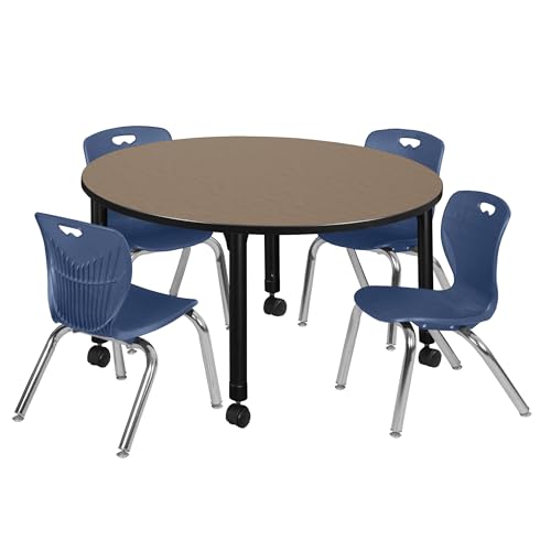 Regency Kee 48 in. Round Mobile Adjustable Classroom Table- Noble Oak Top, Black Base & 4 Andy 12 in. Blue Stack Chairs