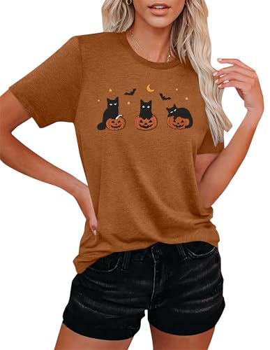 Halloween Shirts for Women: Embroidered Ghost Cat T-Shirt Spooky Season Tees Short Sleeve Casual Fall Tops2