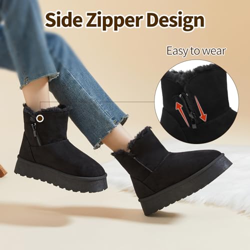 Image of THATXUAOV Womens Ankle Winter Boots, Anti-Slip Suede Mini Boot For Women,Side Zipper Platform Slip On Snow Boots With Fur Lining