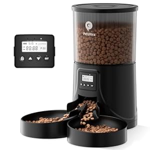 Dual Automatic Cat Feeder: Cat Feeder Automatic for 2 Cats- Timed Auto Feeder 16 Cups/4L Cat Food Dispenser& Dual Power Auto Pet Feeder for Indoor Cat&Dog| 1-6 Meals Portions Control, Black