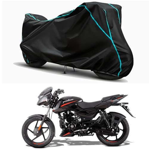 Image of Waterproof Bike Body Cover Compatible for | Bajaj Pulsar 125 Split-Drum | Taffeta Fabric, Sky Piping Design, Bottom Elastic Fit | Dustproof, Sun UV & Rain Protection for All Weather.