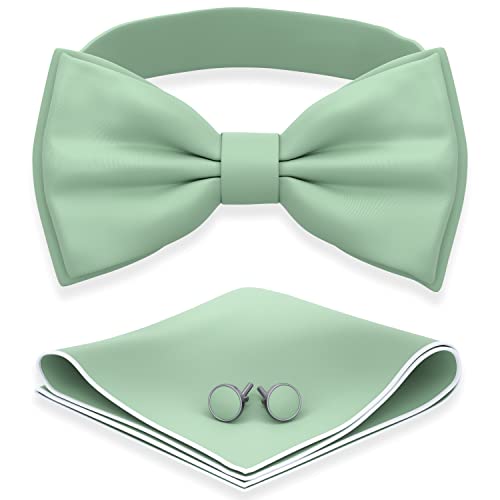 Adam Young Mens Green Fern Bow Tie with Handkerchief & Cufflinks Pre-Tied Style Formal Satin Classic Bowtie for Tuxedo Faux Silk (Large Deep Sage)