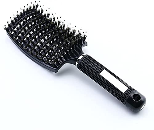 Detangling Nylon Bristle Brush, Curved Vented Boar Bristle Styling Hair Brush, Wet or Dry Use, Anti-static Detangler, Fast Blow Drying, Use for Long or Short Hair (Black)