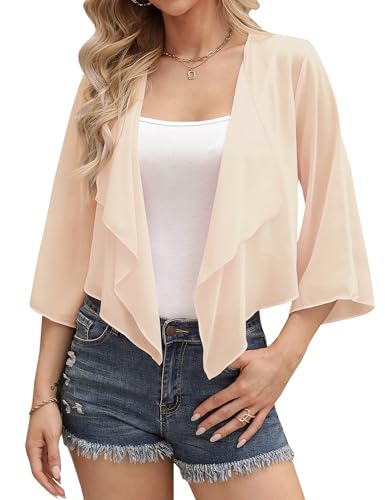 Aottori Bolero Mujer Verano Gasa Chaqueta Manga 3/4 Fiesta Toreras Elegante Corta Shrug Casual Ligero Chiffon Tops Albaricoque M