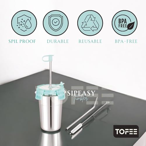Image of TOFEE Stainless Steel Tumbler with Lid, Straw & Cleaning Brush (Each 400ml) Leakproof Travel Cup, Reusable & Durable, Sippy Cups for Home, Office & Outdoors (1, sea Green)