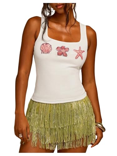 BEAUDRM Womens Y2k Seashell Tank Tops Starfish Square Neck Knitted Beaded Top Casual Summer Beach Outfit Multicolor Small