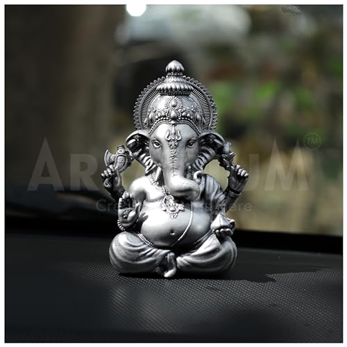 Image of Artarium Small Vighnaharta Ganesha Idol Murti, Vinayaka Sitting Statue Ganapati for Car Dashboard, Puja Ghar, House Warming, Unique Wedding & Birthday Gift, Sculpture - Silver
