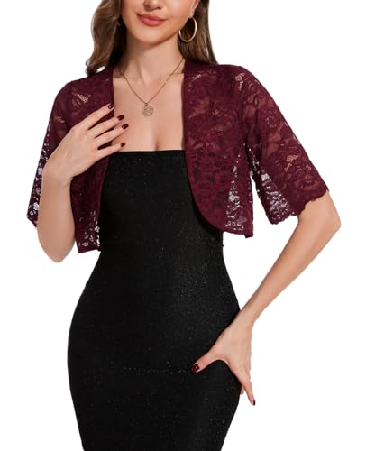 Image of MINTLIMIT Womens Floral Lace Bolero Half Sleeve Shrug Open Front Elegant Cropped Cardigan Shrugs for Evening Party Dresses