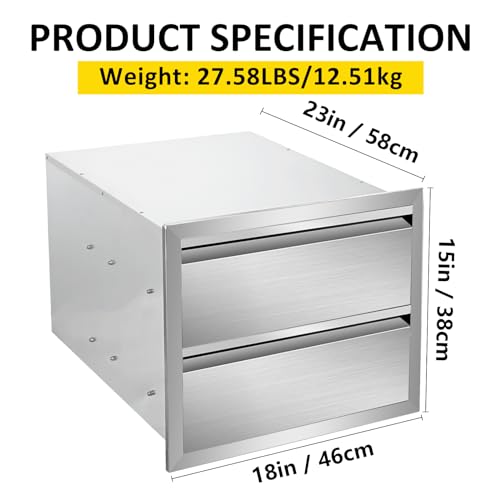 Image of Outdoor Kitchen Drawers 18 inch W x 15 inch H x 23 inch D Flush Mount Double layer BBQ Drawers,Stainless Steel Built-in 2-Drawer for Outdoor Kitchen Island, Patio Grill Station