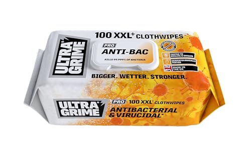 UltraGrime PRO Antibacterial Wet Wipes - Heavy-Duty Cleaning Cloths Hand Wipes Kitchen Toilet Floor & Surface Cleaning - Tough on Viruses Extra Large Virucidal Multi-Purpose Wipes (Pack of 100)