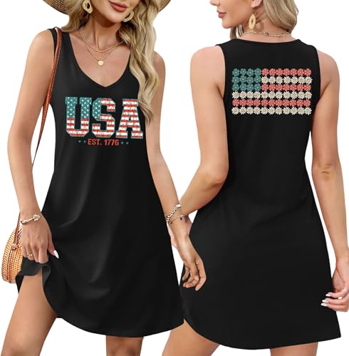 Image of LHBNK 4th of July Dress for Women: American Flag Tank Dresses Star Striped Splicing Loose V Neck Sundresses