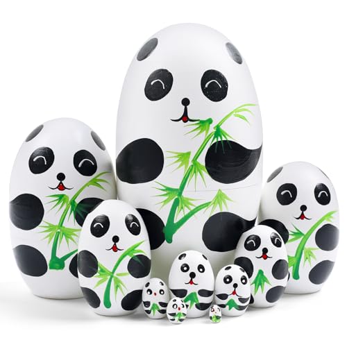 NEPOG Cute Panda Nesting Dolls, Panda Bears Egg Shape Wooden Handmade Nesting Dolls Set 10 Pieces for Kids Boys Girls Birthday Home Room Decoration