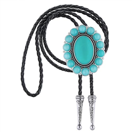 Image of GelConnie Bolo Tie for Men Women Western Cowboy Turquoise Leather Necktie | Natural Stone Bolo Tie Necklace for Women Rodeo Cowboy Leather Necktie Native American Western Cowgirl Ties Adjustable Cord