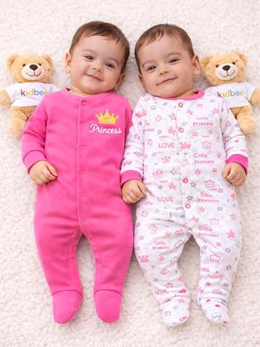 Image of Kidbee Baby Cotton Romper Pack of 2 | 100% Soft Cotton Hosiery | Front Open Snap Buttons | Full Sleeve Footed Sleepsuit | Newborn Baby Clothing Set