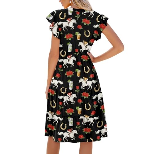 Image of Women's Casual Ruffle Sleeve Dress V Neck Pullover Dress Flowy A-Line Pleated Lightweight Dress with Pockets