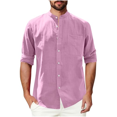 Mis Pedidos 2025 Camisas Hombre Manga Larga,Camisa de Algodón Manga Larga para Hombres Cuello Alto Camiseta Informales de Botones Suelta Cómodas Camisa de Ocio de Color Sólido Top con Bolsillo