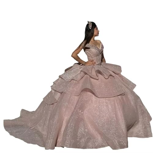 Beaded Sparkly Tulle Masquerade Ball Gowns for Women Formal Off The Shoulder Graduation Dress 2025