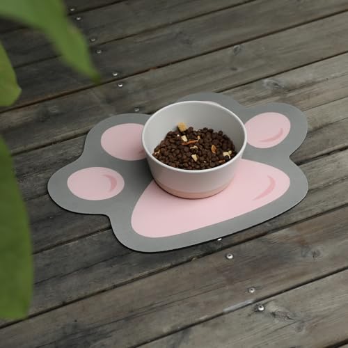 Le Courant Pet Feeding Mat - Cat Dog Mat for Food and Water Bowl, Absorbent Quick Dry, Anti-Slip No Stains, Cute Cat Paw, 12x17 in, Pink