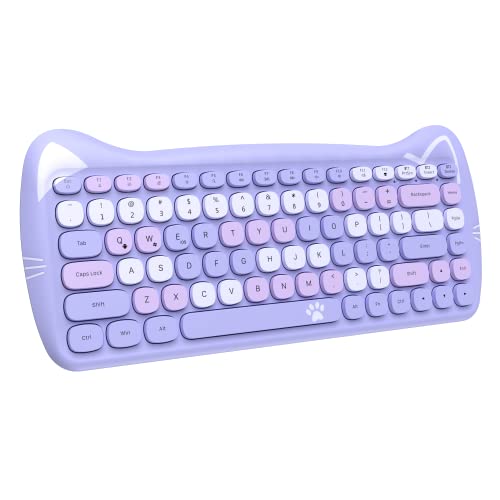 ZIYOU LANG 3060i Lindo Gato Teclado Inalámbrico,Teclado Bluetooth Silencioso y Slim, 80% Tecla Round Typewriter Retro, QWERTY Conexión de Dispositivos Múltiples para PC, Laptop, Mac-Púrpura Colorido Cover
