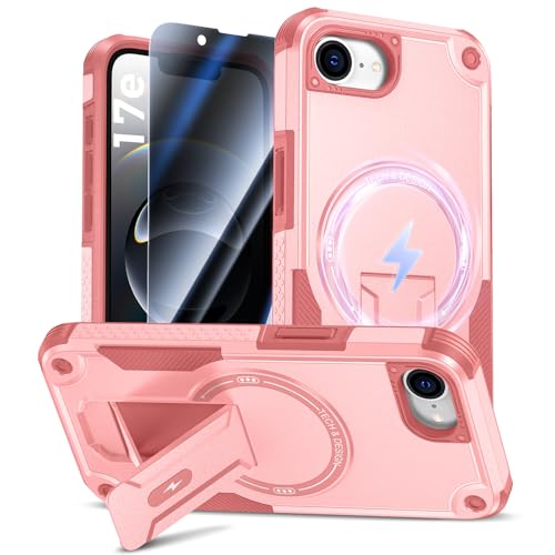 Goton for iPhone 17e/16e Case with Privacy Tempered Glass Screen Protector Compatible with MagSafe Invisible Kickstand Shockproof Phone Cover for Apple iPhone 17 e 16 e Pink