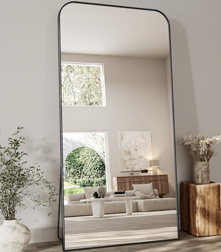 Image of Koonmi Full Length Mirror, 78 inchx35 inch Mirror Full Length with Stand, Black Domed Top Square-Edged Floor Mirror with Aluminum Alloy Frame for Bedroom Living Room