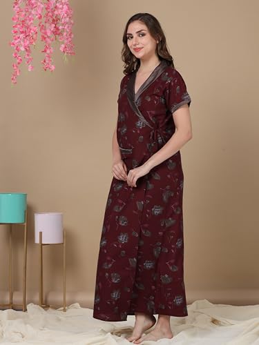 Image of 9shines Label Stylish Cotton Nighty Robe for Women | Front Open Floral Housecoat | Wrap Nighty with Pocket | Adjustable Waist Tie | Plus Size housecoat (HC-2026)