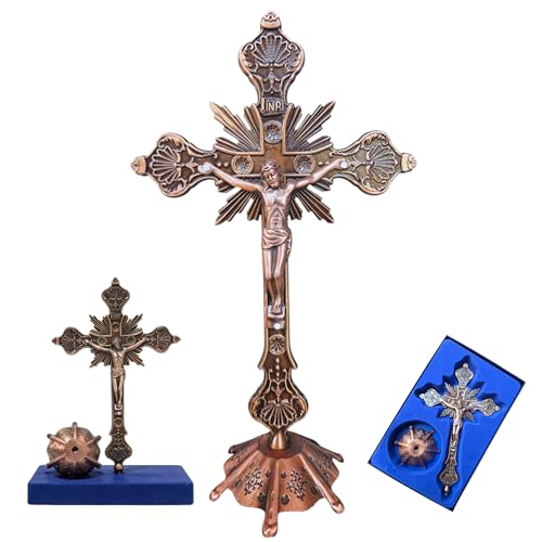10 Bronze Catholic Metal Stand Crucifix Ornate Victorian Style Jesus Cross with Base Antique Copper & Religious Home Dcor Altar Gift