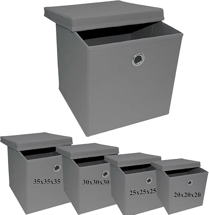 A406 4x Foldable Storage Boxes with Lid Storage Basket with Lid Fabric Cubes with Handles Collapsible Fabric Organiser Clothes Storage Box (Grey, 27X27X27CM)