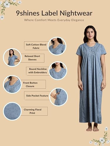 Image of 9shines Label Stylish Cotton Blend Embroidered Maxi Nightdress for Women with Pocket| Full Length Nightwear| Premium Nightdress| Comfortable Nightwear(5256)