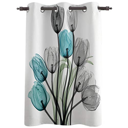 Cortina de oscurecimiento para ventana, 132 cm de largo, para cocina, cafetería, dormitorio, tulipanes de rayos X, cortinas verticales decorativas con ojales, arte floral, 132 cm de ancho