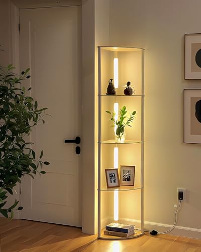 Image of Lightdot Corner Floor Lamps with Shelves, 64Inch 5-Tier Storage Shelf Lamp with Integrated LED Posts /Walnut Shelf /White Frame, White Display Floor Lamp for Living Room /Bedroom /Sofa Beside /Corner Decor